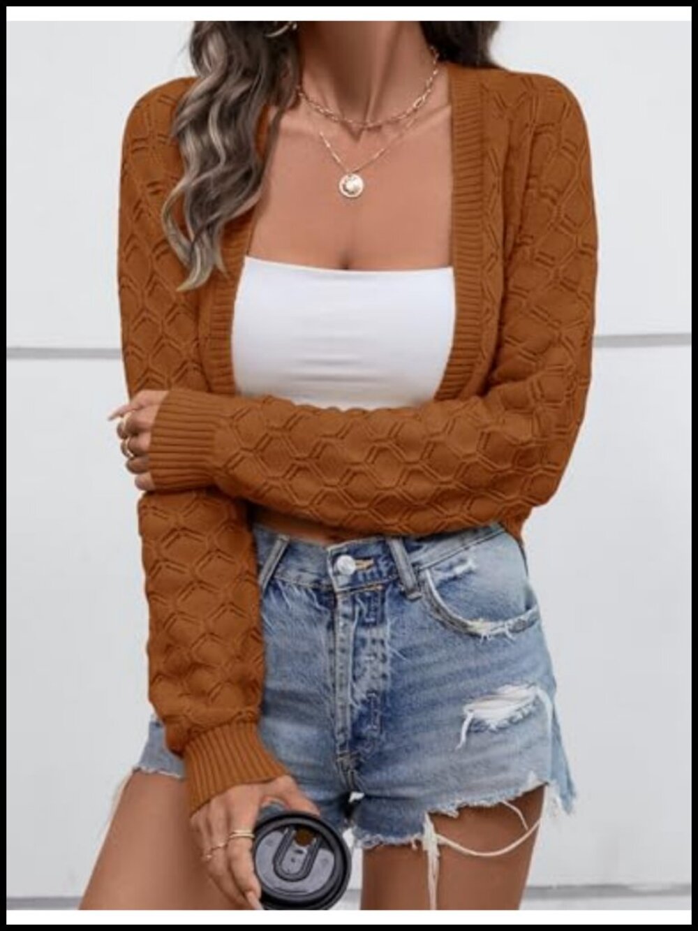 LOMON Women's Cropped Open Front Cardigan Bolero Shrug Long Sleeve Knit Sweater - Picture 3 of 6